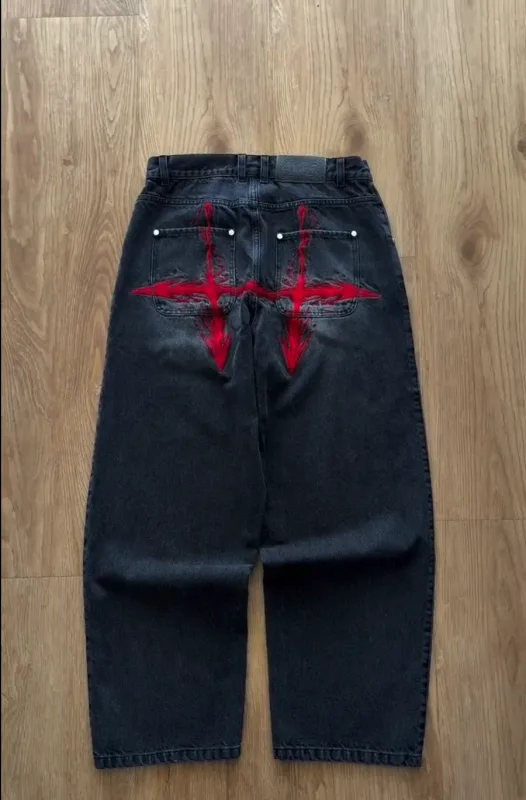 Retro เปลวไฟลูกศรปักกางเกงยีนส์ Baggy ขากว้างตรงกางเกงยีนส์กางเกงผู้ชาย Hip Hop Y2k สูงเอว Streetwear ผู้ชายเสื้อผ้า