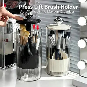Suporte de pincel de maquiagem de levantamento automático à prova de poeira organizador de cosméticos de luxo recipiente de armazenamento de mesa pincéis de maquiagem suporte de canetas