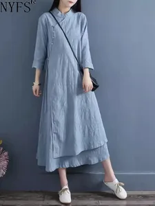 2026 Printemps Automne Nouvelles Robes Pour Femmes Robes Robe Elbise Lâche Grande Taille Coton Lin Double Couche Longue Robe