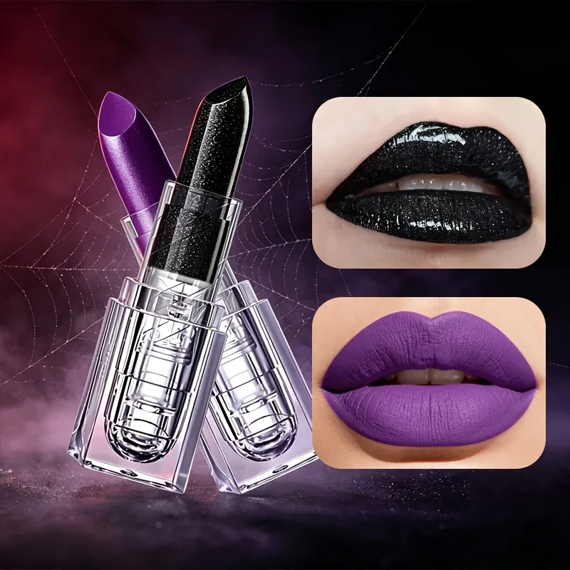 Kirkas Square Case Glitter Musta Matta Purppura Huulipuna Halloween Cosplay Stage Luova Tumma Huulimeikki