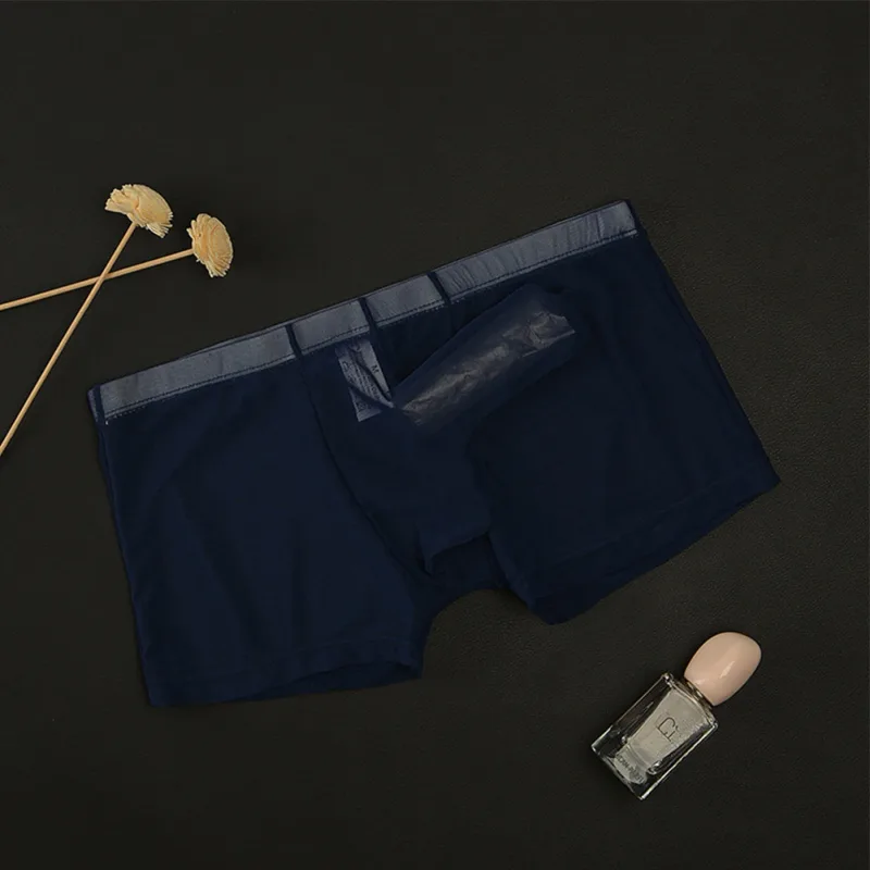 Ropa interior ligera transparente de malla sexi para hombre, calzoncillos Boxer transpirables transparentes, bragas tipo Boxer para hombre con separación de balas