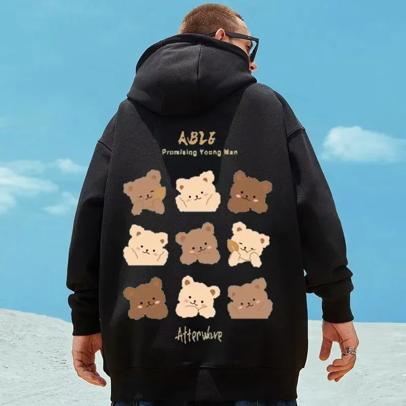 M-8XL Style américain rue marron mignon ours imprimé sweat à capuche Couple sweat à capuche étudiant grand doux velours à capuche pull