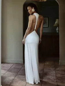 Solid Halter Backless Side Cutout Maxi Dress Women Stretch Jersey Floor Length Slim Bodycon Dresses Night Club Vacation Robe